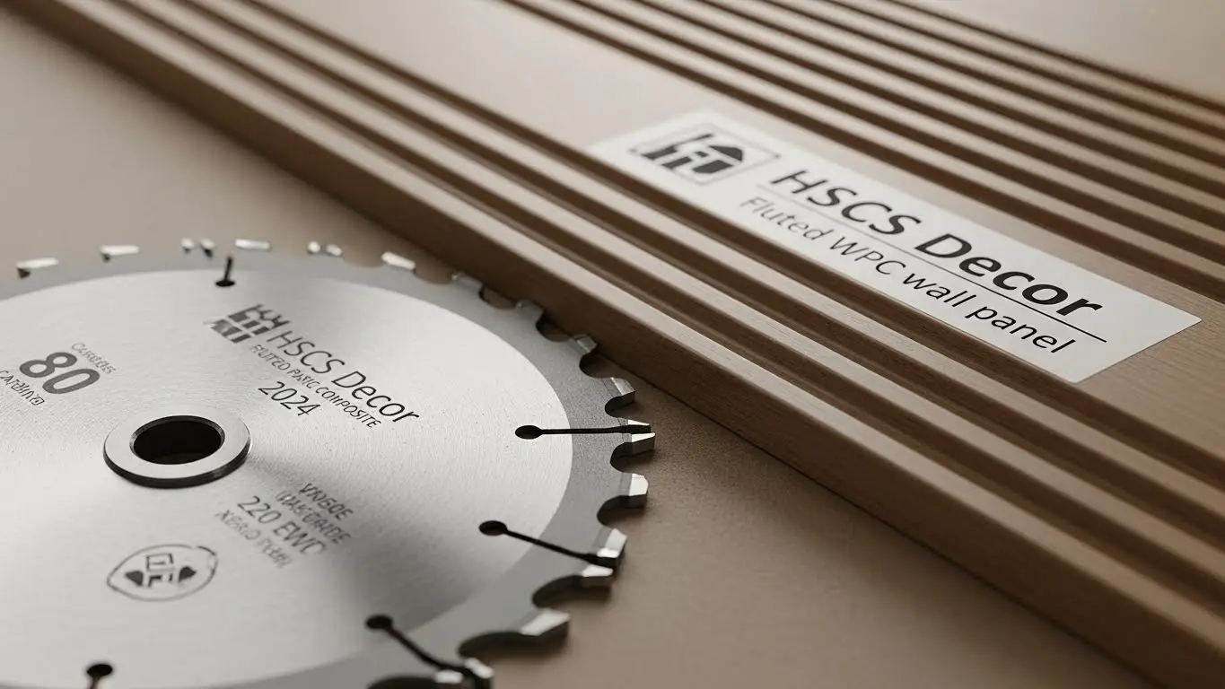 Carbide tipped circular saw blade 80 TPI next to HSCS Decor fluted WPC wall panel for clean cutting.